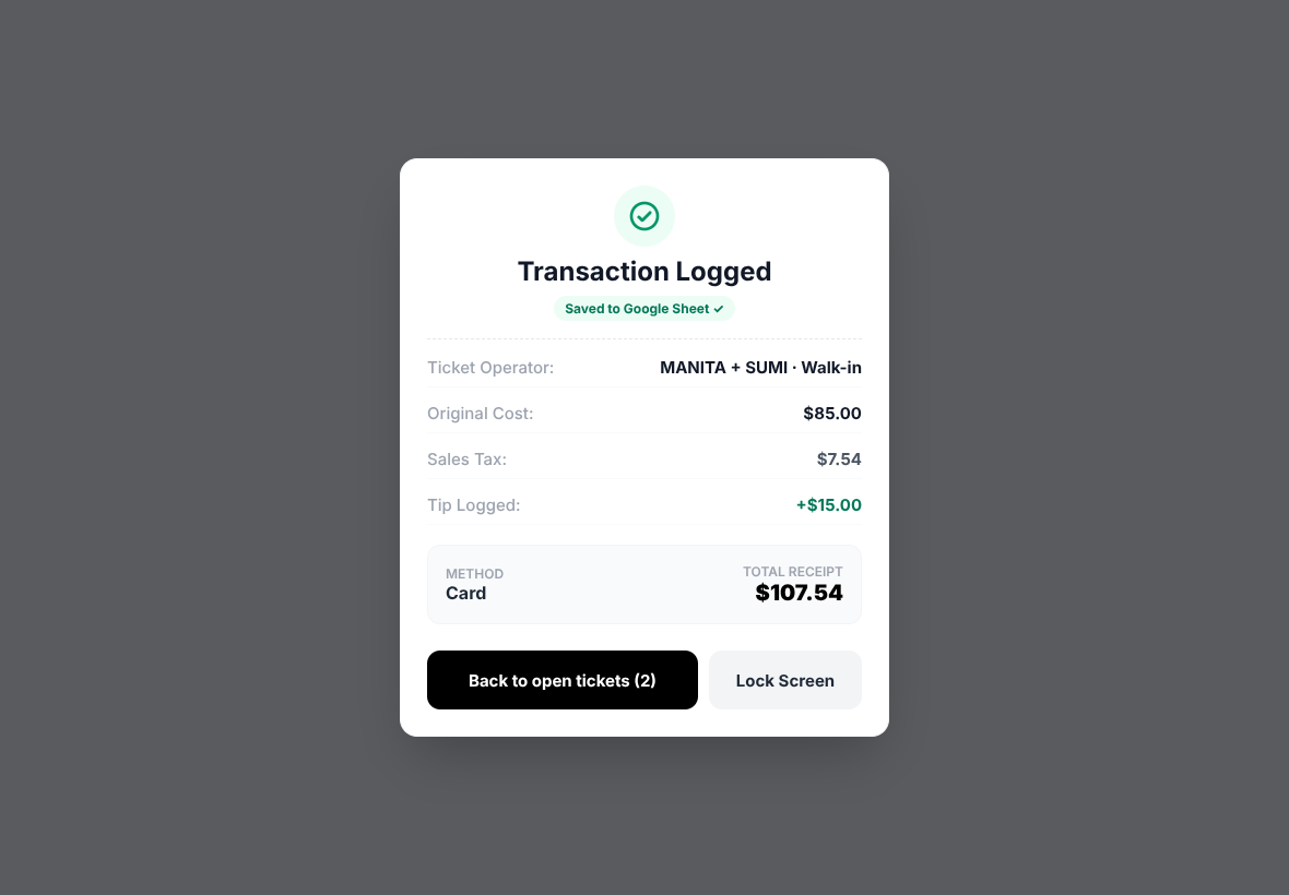 “Transaction Logged” with “Saved to Google Sheet ✓”