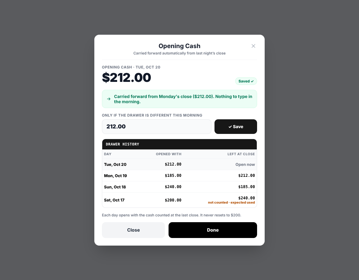 Opening cash carried forward, with drawer history