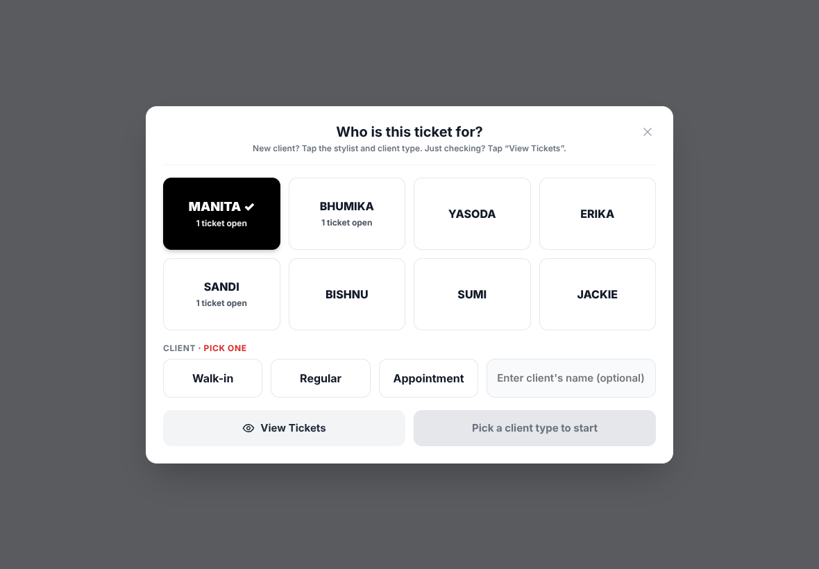 “Who is this ticket for?” with stylist tiles and client type