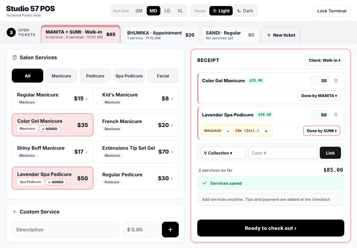 Open-ticket tabs, pink added services and the receipt