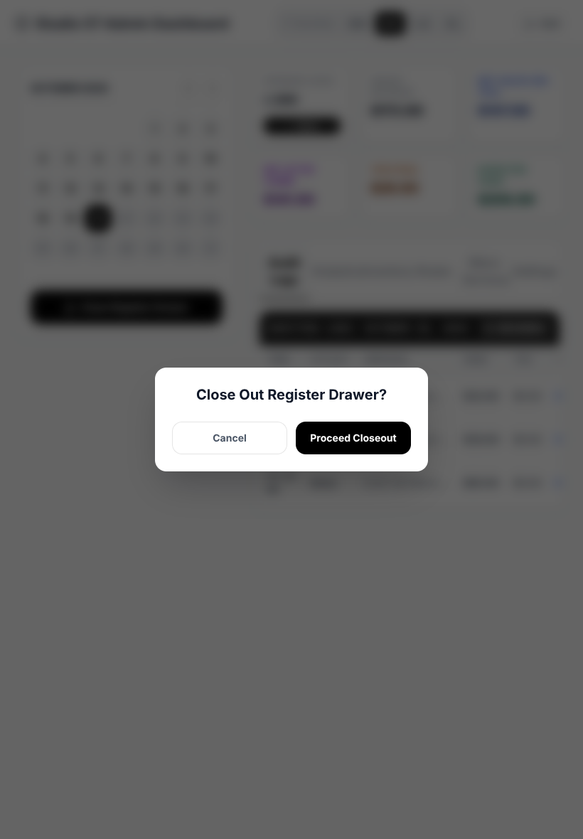 “Close Out Register Drawer?” with only Cancel and Proceed