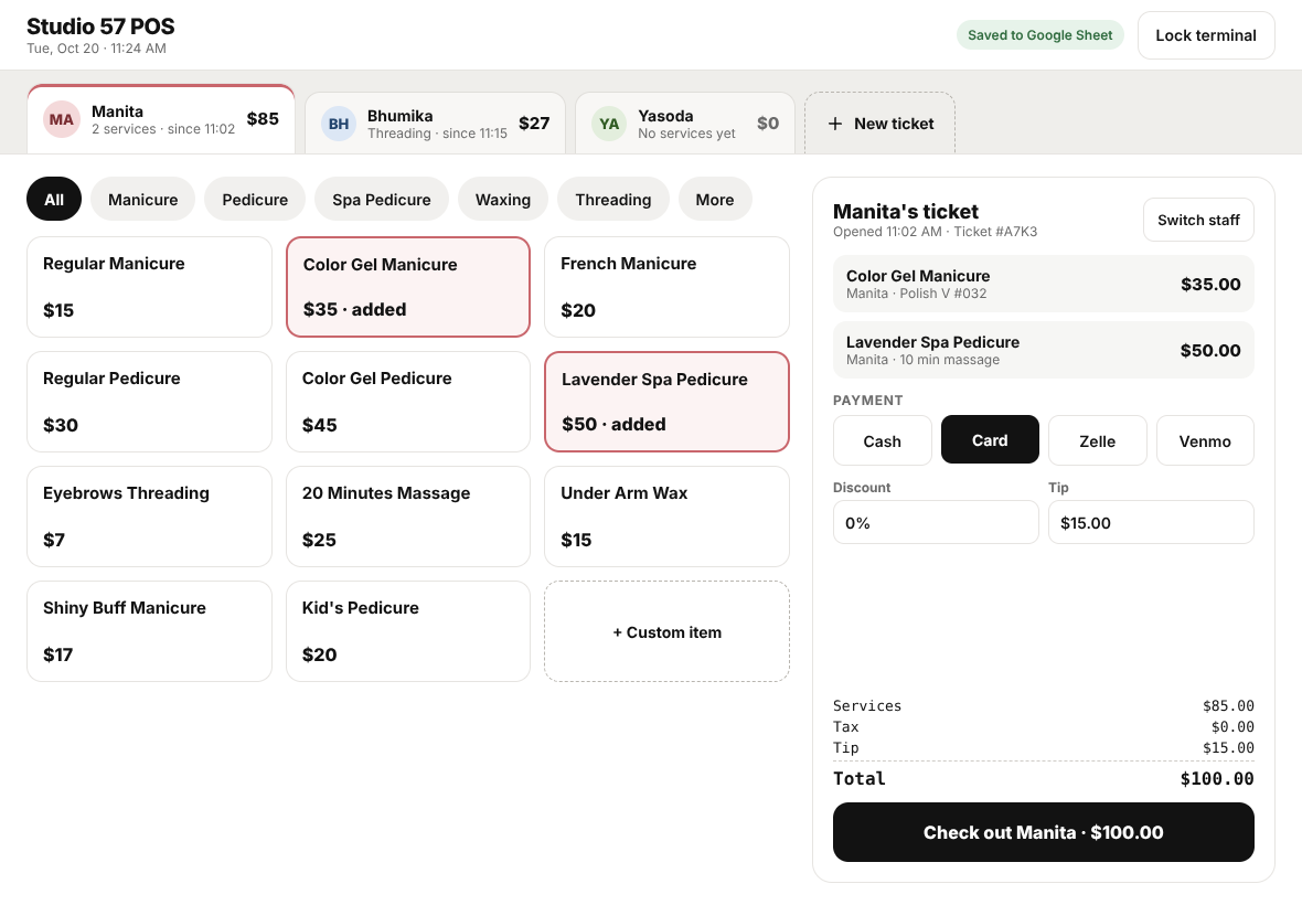 Ticket tabs across the top, menu on the left, receipt on the right
