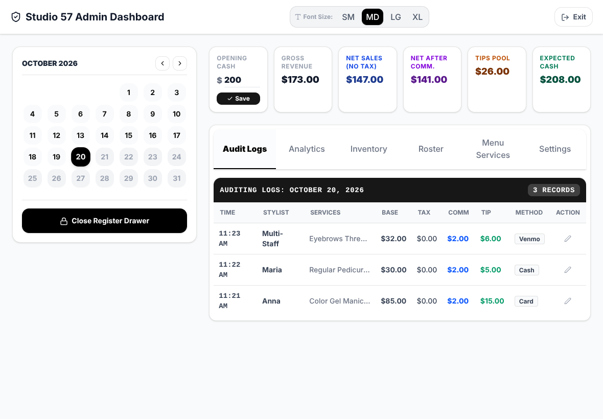 Version 1 admin dashboard: calendar, six totals and the audit log