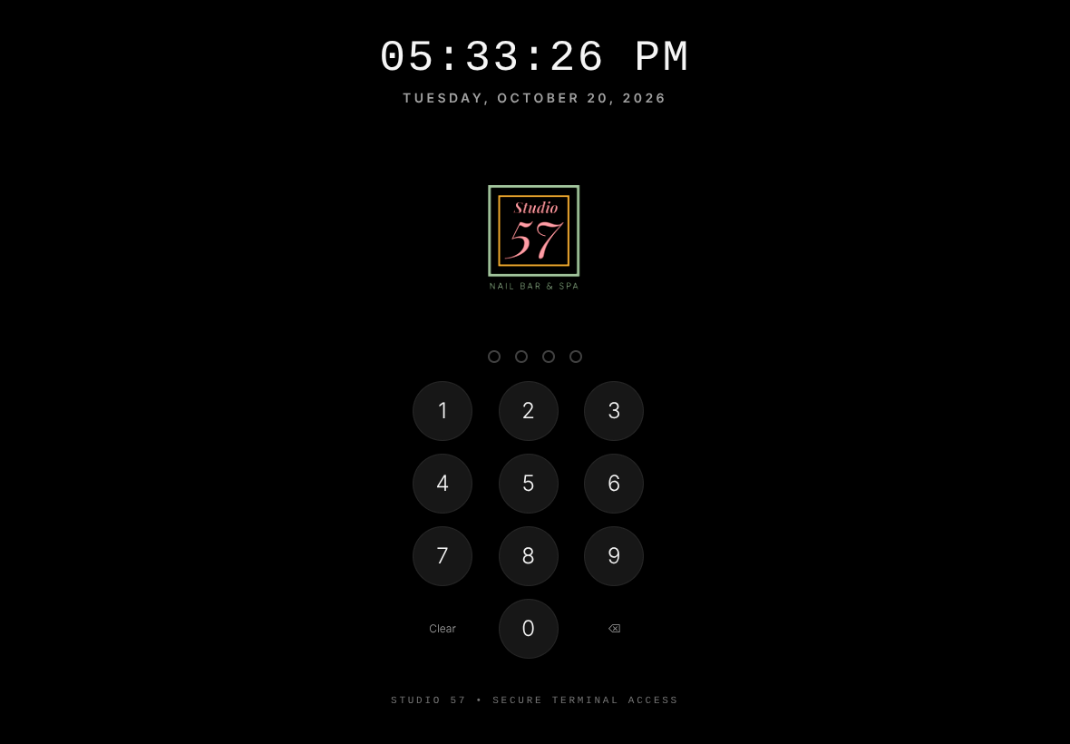 Version 1 login: black lock screen with logo and keypad