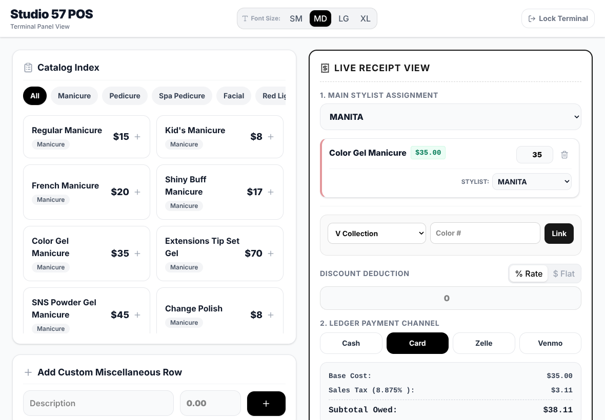 Version 1 employee POS: one ticket, stylist chosen from dropdowns